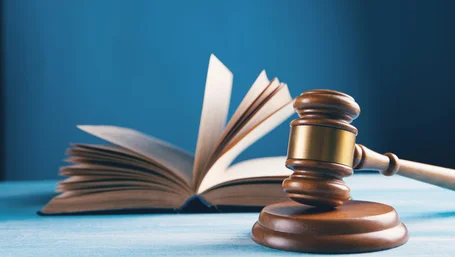 Wooden judge's gavel beside an open law book on a blue desk