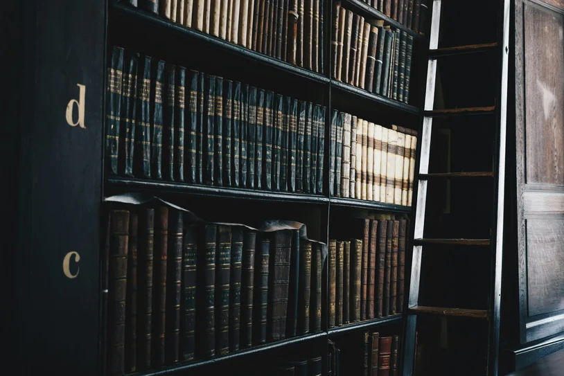 Close-up of antique leather-bound law books on dark wooden library shelves