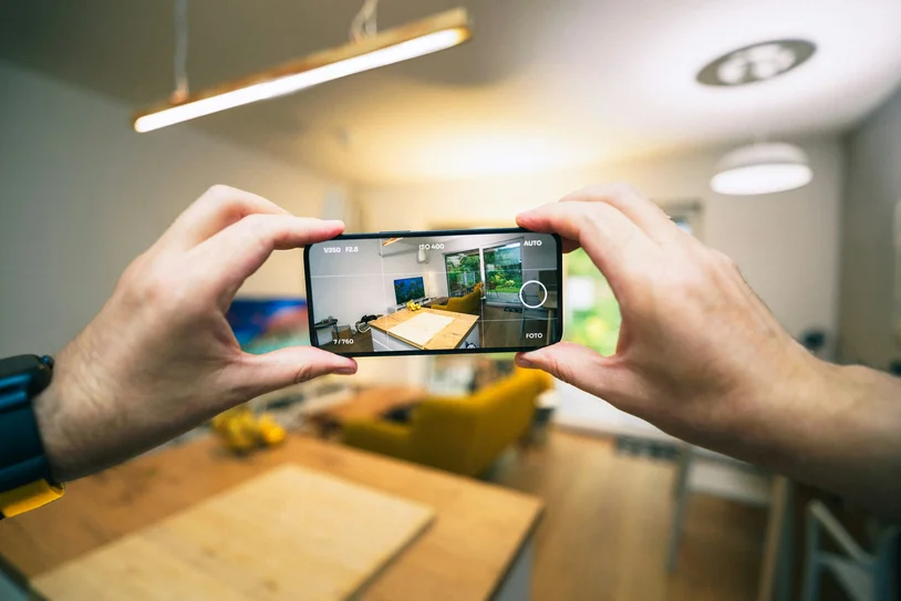 Close-up of hands photographing a bright living room with a smartphone